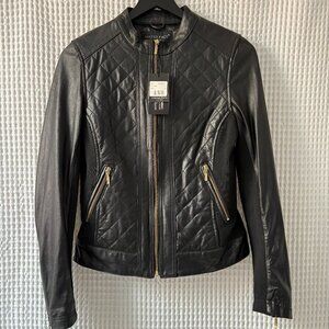 United Face black leather/fabric quilted moto jacket gold zippers women's med